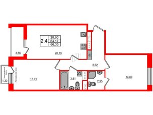 Квартира в ЖК Прайм Приморский, 2 комнатная, 64.17 м², 3 этаж