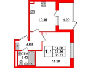 Квартира в ЖК 'Дворцовый фасад', 1 комнатная, 33.26 м², 1 этаж