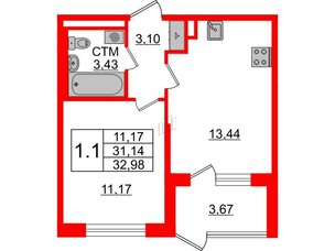 Квартира в ЖК 'Дворцовый фасад', 1 комнатная, 31.14 м², 1 этаж
