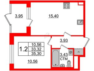 Квартира в ЖК 'Дворцовый фасад', 1 комнатная, 33.32 м², 1 этаж