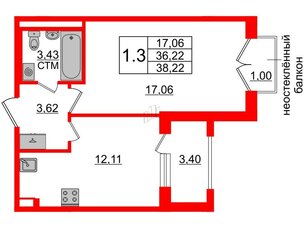 Квартира в ЖК 'Дворцовый фасад', 1 комнатная, 36.22 м², 2 этаж