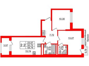 Квартира в ЖК 'Дворцовый фасад', 2 комнатная, 52.72 м², 2 этаж