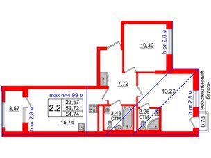 Квартира в ЖК 'Дворцовый фасад', 2 комнатная, 52.72 м², 4 этаж