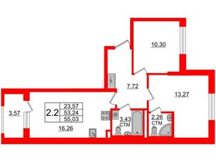 Квартира в ЖК 'Дворцовый фасад', 2 комнатная, 53.24 м², 1 этаж