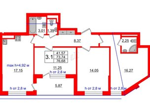 Квартира в ЖК 'Дворцовый фасад', 3 комнатная, 73.74 м², 4 этаж