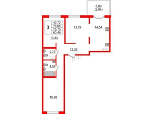 Квартира в ЖК Образцовый квартал, 3 комнатная, 76.66 м², 4 этаж