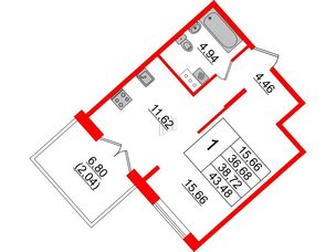 Квартира в ЖК Образцовый квартал, 1 комнатная, 36.68 м², 4 этаж