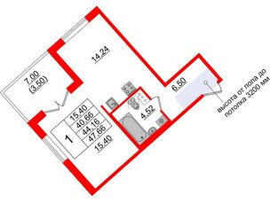 Квартира в ЖК Образцовый квартал, 1 комнатная, 40.66 м², 4 этаж