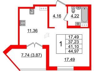 Квартира в ЖК Образцовый квартал, 1 комнатная, 37.23 м², 4 этаж