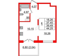 Квартира в ЖК Образцовый квартал, 1 комнатная, 37.45 м², 4 этаж
