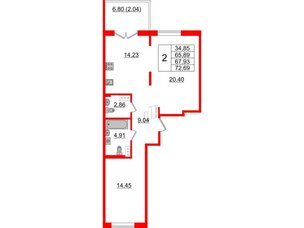 Квартира в ЖК Образцовый квартал, 2 комнатная, 65.89 м², 4 этаж