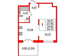 Квартира в ЖК Образцовый квартал, 1 комнатная, 37.9 м², 4 этаж