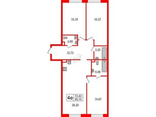 Апартаменты в ЖК ZOOM на Неве, 3 комнатные, 95.75 м², 2 этаж
