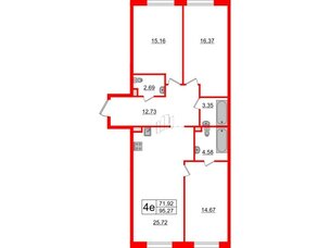 Апартаменты в ЖК ZOOM на Неве, 3 комнатные, 95.27 м², 3 этаж