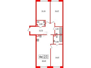Апартаменты в ЖК ZOOM на Неве, 3 комнатные, 95.27 м², 4 этаж