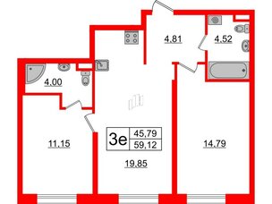 Апартаменты в ЖК ZOOM на Неве, 2 комнатные, 59.12 м², 2 этаж