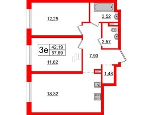Апартаменты в ЖК ZOOM на Неве, 2 комнатные, 57.69 м², 3 этаж