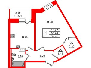 Квартира в ЖК Капральский, 1 комнатная, 39.91 м², 5 этаж