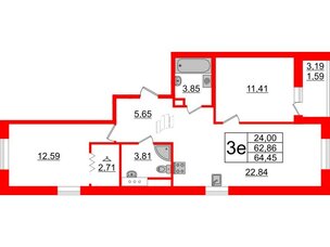 Квартира в ЖК Энфилд, 2 комнатная, 64.45 м², 3 этаж