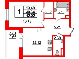 Квартира в ЖК Энфилд, 1 комнатная, 42.02 м², 2 этаж