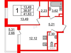 Квартира в ЖК Энфилд, 1 комнатная, 41.63 м², 3 этаж