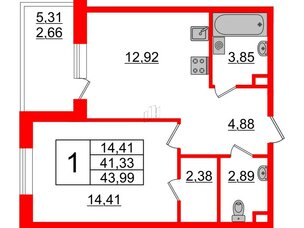 Квартира в ЖК Энфилд, 1 комнатная, 43.99 м², 2 этаж