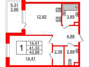 Квартира в ЖК Энфилд, 1 комнатная, 43.99 м², 3 этаж