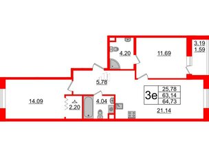 Квартира в ЖК Энфилд, 2 комнатная, 64.73 м², 2 этаж