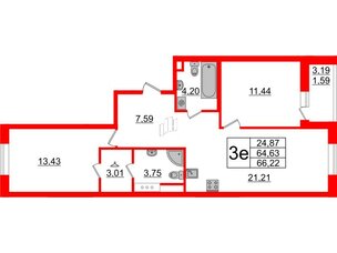 Квартира в ЖК Энфилд, 2 комнатная, 66.22 м², 3 этаж