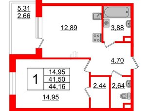 Квартира в ЖК Энфилд, 1 комнатная, 44.16 м², 2 этаж