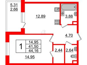 Квартира в ЖК Энфилд, 1 комнатная, 44.16 м², 5 этаж