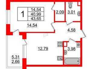 Квартира в ЖК Энфилд, 1 комнатная, 43.65 м², 2 этаж