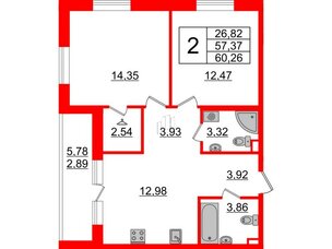 Квартира в ЖК Энфилд, 2 комнатная, 60.26 м², 2 этаж