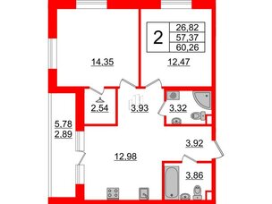 Квартира в ЖК Энфилд, 2 комнатная, 60.26 м², 3 этаж