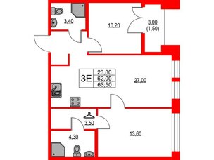 Квартира в ЖК NEWПИТЕР, 2 комнатная, 63.5 м², 2 этаж