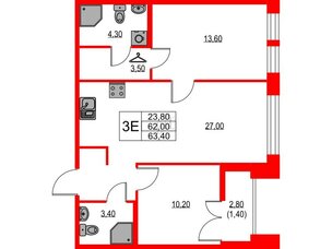Квартира в ЖК NEWПИТЕР, 2 комнатная, 63.4 м², 2 этаж