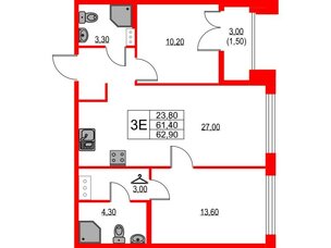 Квартира в ЖК NEWПИТЕР, 2 комнатная, 62.9 м², 4 этаж
