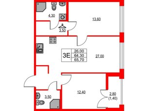 Квартира в ЖК NEWПИТЕР, 2 комнатная, 65.7 м², 2 этаж