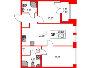 Квартира в ЖК NEWПИТЕР, 2 комнатная, 62.8 м², 5 этаж