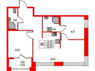 Квартира в ЖК NEWПИТЕР, 2 комнатная, 56.4 м², 2 этаж