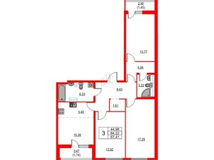 Квартира в ЖК Лайнеръ, 3 комнатная, 87.41 м², 11 этаж