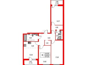 Квартира в ЖК Лайнеръ, 3 комнатная, 87.09 м², 13 этаж