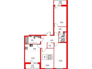 Квартира в ЖК Лайнеръ, 3 комнатная, 86.94 м², 15 этаж