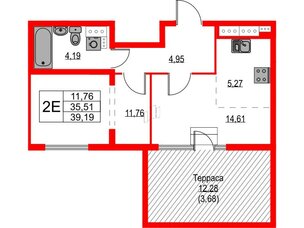 Квартира в ЖК Лайнеръ, 1 комнатная, 39.19 м², 14 этаж
