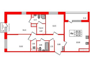 Квартира в ЖК Прайм Приморский, 3 комнатная, 91.03 м², 7 этаж