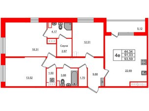 Квартира в ЖК Прайм Приморский, 3 комнатная, 91.03 м², 6 этаж