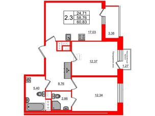 Квартира в ЖК Прайм Приморский, 2 комнатная, 58.76 м², 2 этаж