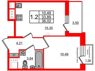 Квартира в ЖК Прайм Приморский, 1 комнатная, 33.89 м², 11 этаж