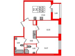 Квартира в ЖК Прайм Приморский, 2 комнатная, 60.25 м², 1 этаж