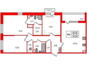 Квартира в ЖК Прайм Приморский, 3 комнатная, 91.72 м², 2 этаж